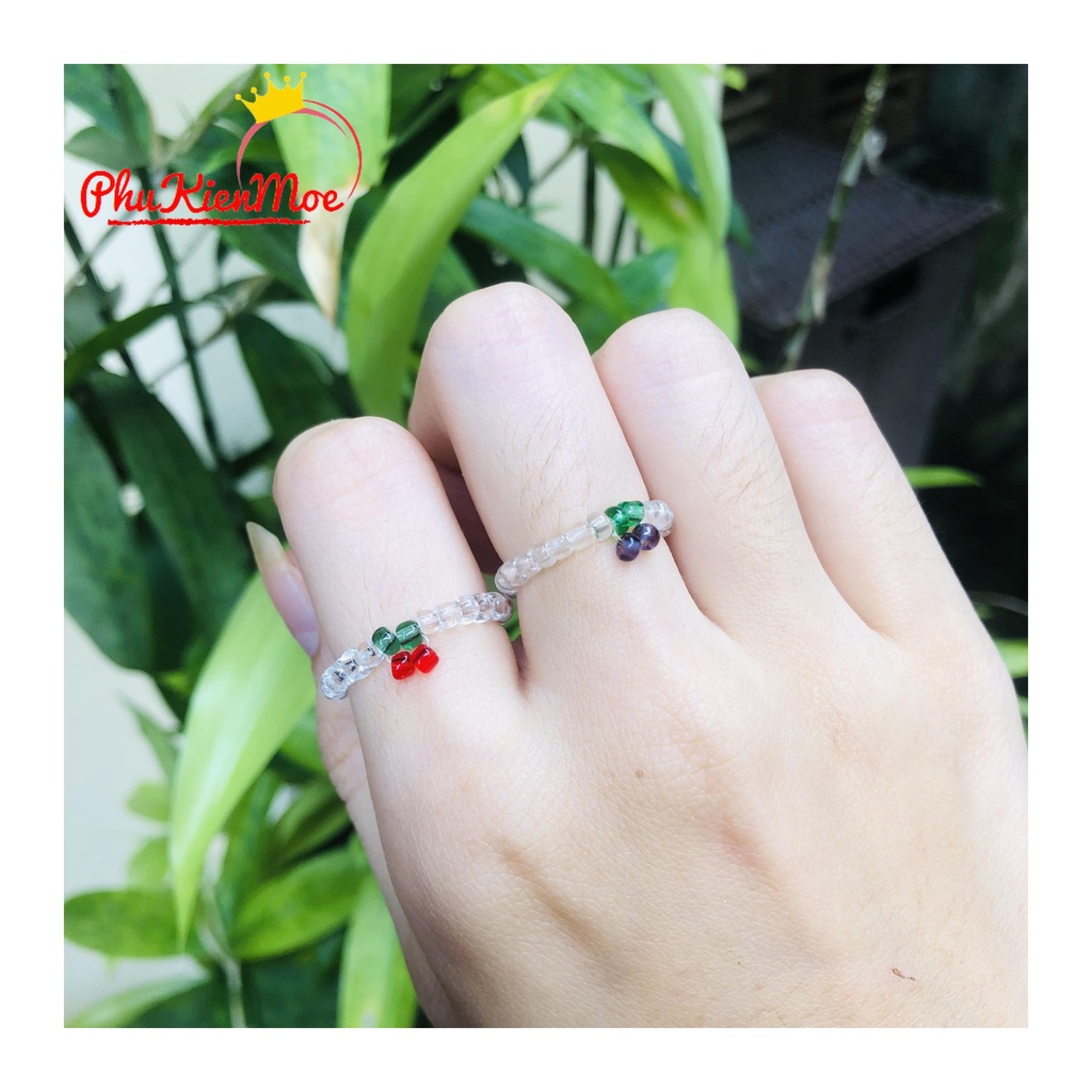 Nhẫn đính hạt nhựa Acrylic hình mặt cười , màu cầu vồng , hình quả cherry phong cách trendy