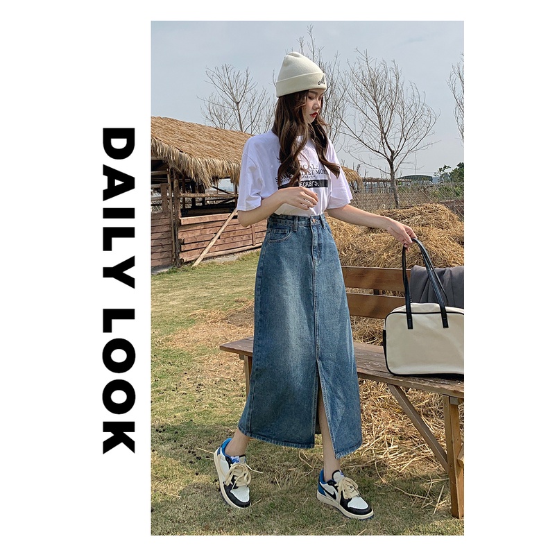 Chân váy jean dáng chữ A dài lưng cao thiết kế xẻ tà phong cách Mỹ retro thời trang mới dành cho nữ