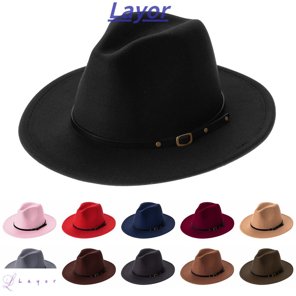 Mũ Fedora vải nỉ vành rộng đính khóa dây đai kiểu cao bồi vintage thời trang thu đông cho nam và nữ