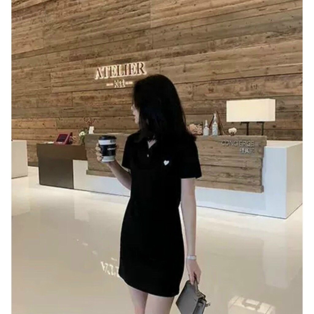 đầm chất thun gân cổ  bẻ polo thêu tim xinh