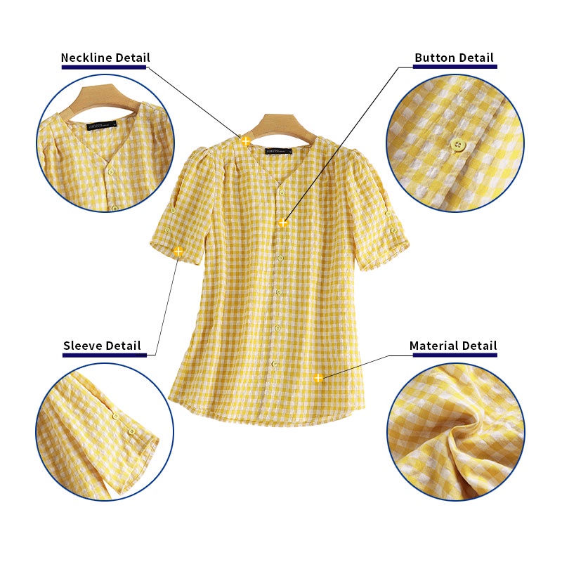 Áo sơ mi Zanzea tay lửng cổ chữ V họa tiết kẻ caro thời trang Hàn Quốc cho nữ