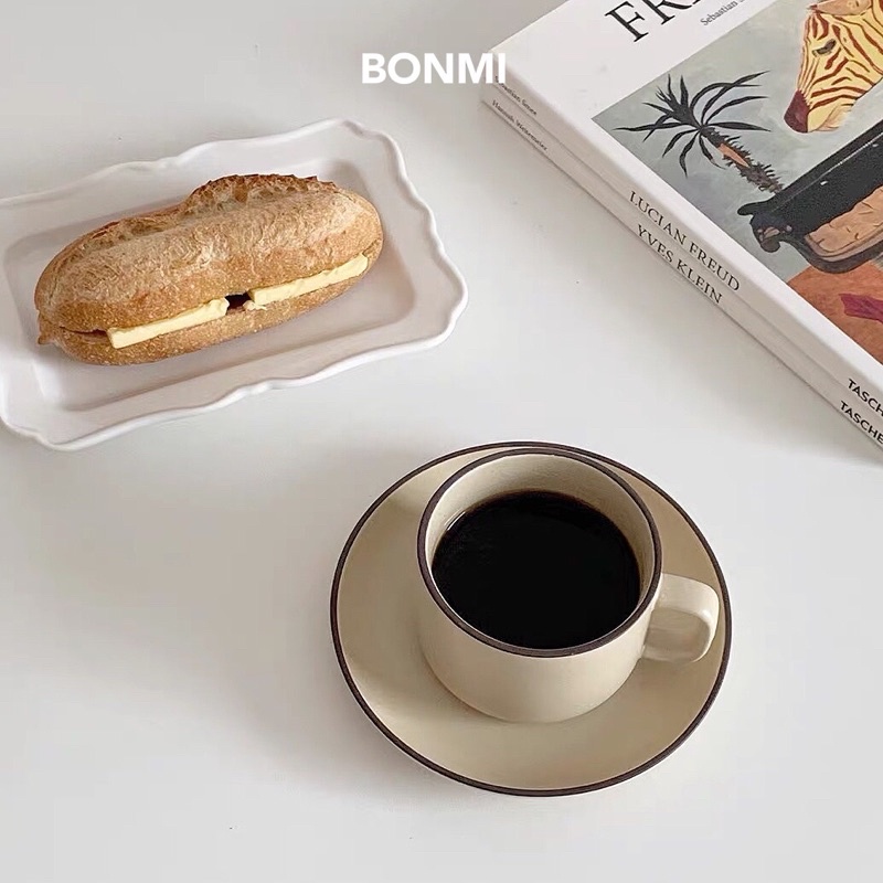 Set tách trà, cafe tay vuông viền nâu, chất liệu gốm cao cấp phong cách Hàn Quốc