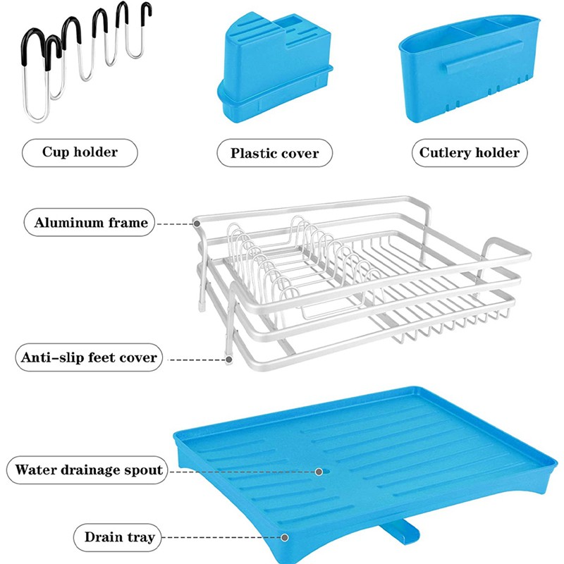 Kệ sắp xếp chén bát đĩa bằng nhựa có lỗ thoát nước và khay đựng nước có thể gắn dễ dàng dùng cho nhà bếp màu blue