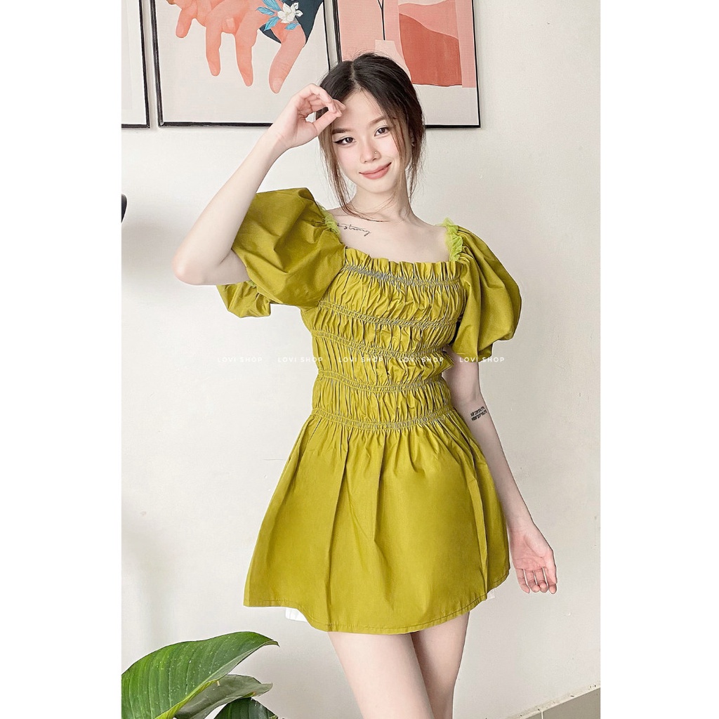 LOVI SHOP- Áo kiểu nữ ngắn tay nhún ngực bẹt vai tay phồng cổ vuông nhiều màu