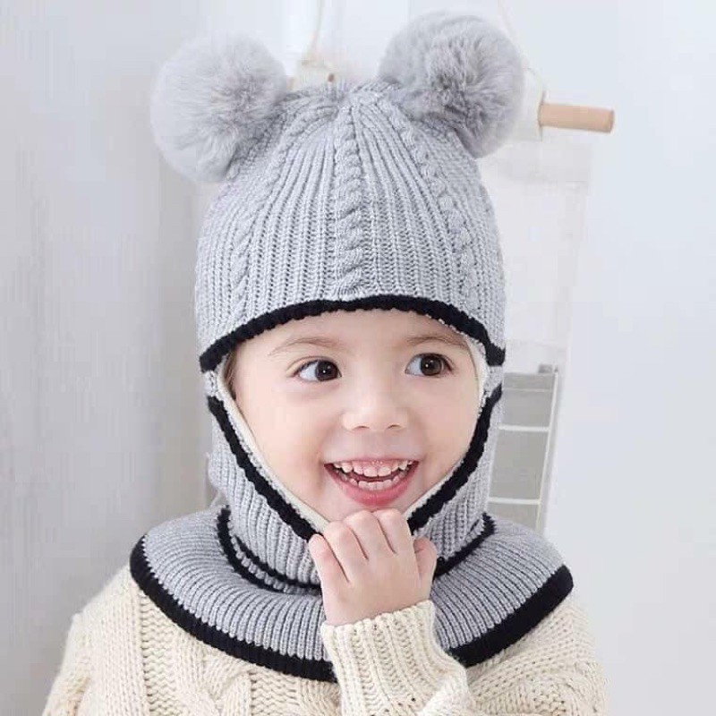 Mũ Len Liền Khăn Choàng Cổ Cho Bé