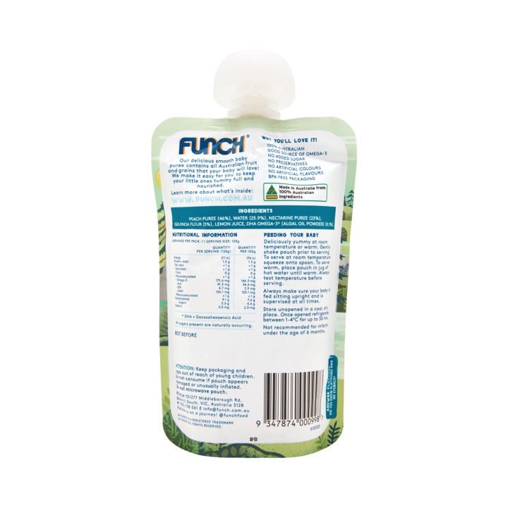 Trái Cây Nghiền Cho Bé từ Ăn Dặm 6 Tháng Mix Hạt Dinh Dưỡng FUNCH bổ sung DHA Vị Đào, Xuân Đào, Quinoa 120g