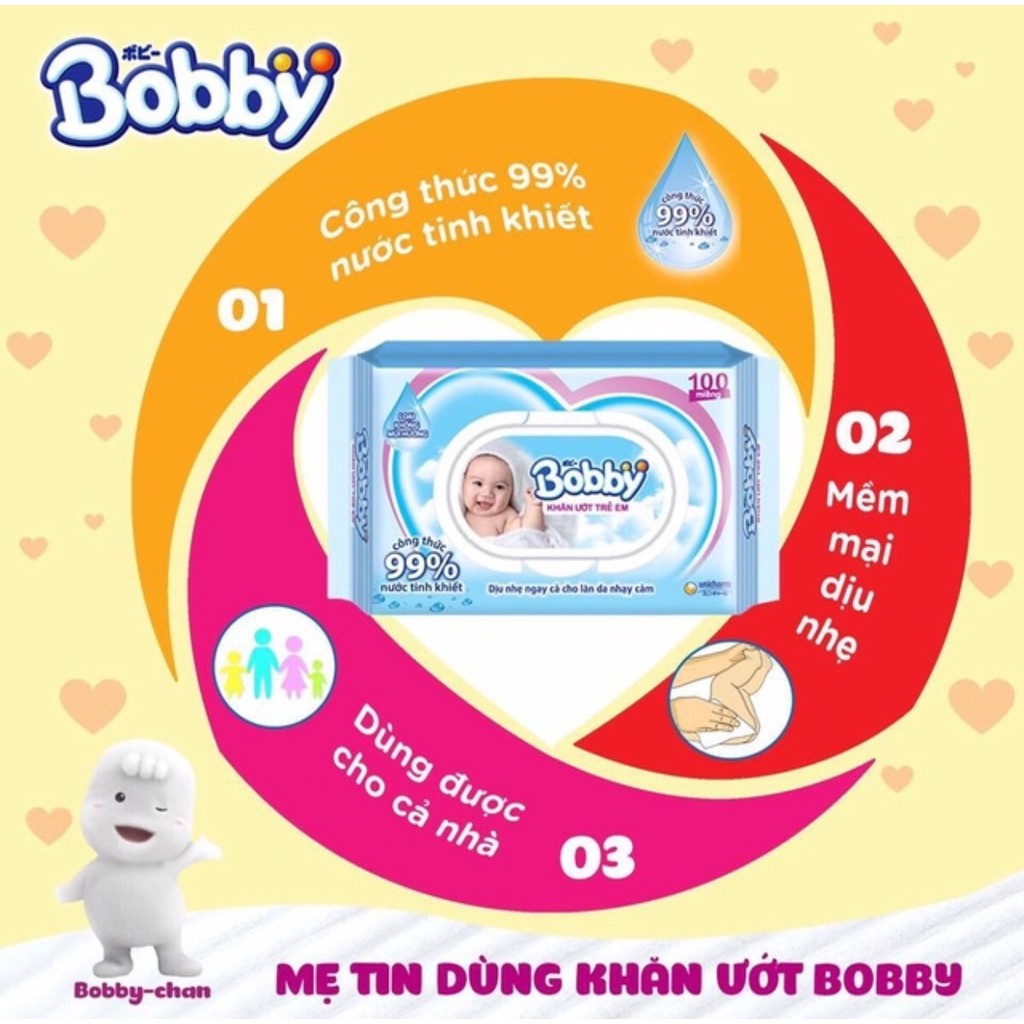 Bộ 6 gói Khăn ướt Bobby không mùi 100 tờ/gói (Xanh)