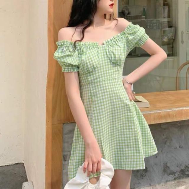 Váy caro xanh trễ vai dáng xòe/ váy ulzzang hotgirl