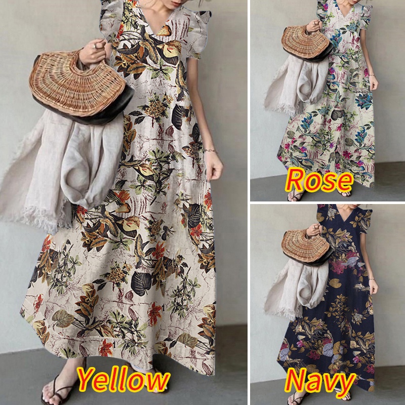 Đầm dài ZANZEA cổ chữ V tay ngắn phong cách retro thời trang cho nữ