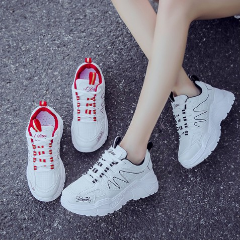 Giày Sneaker Nữ Độn Đế Đẹp Vạch Sóng HAPU (Trắng Vạch Đen, Trắng Vạch Đỏ)