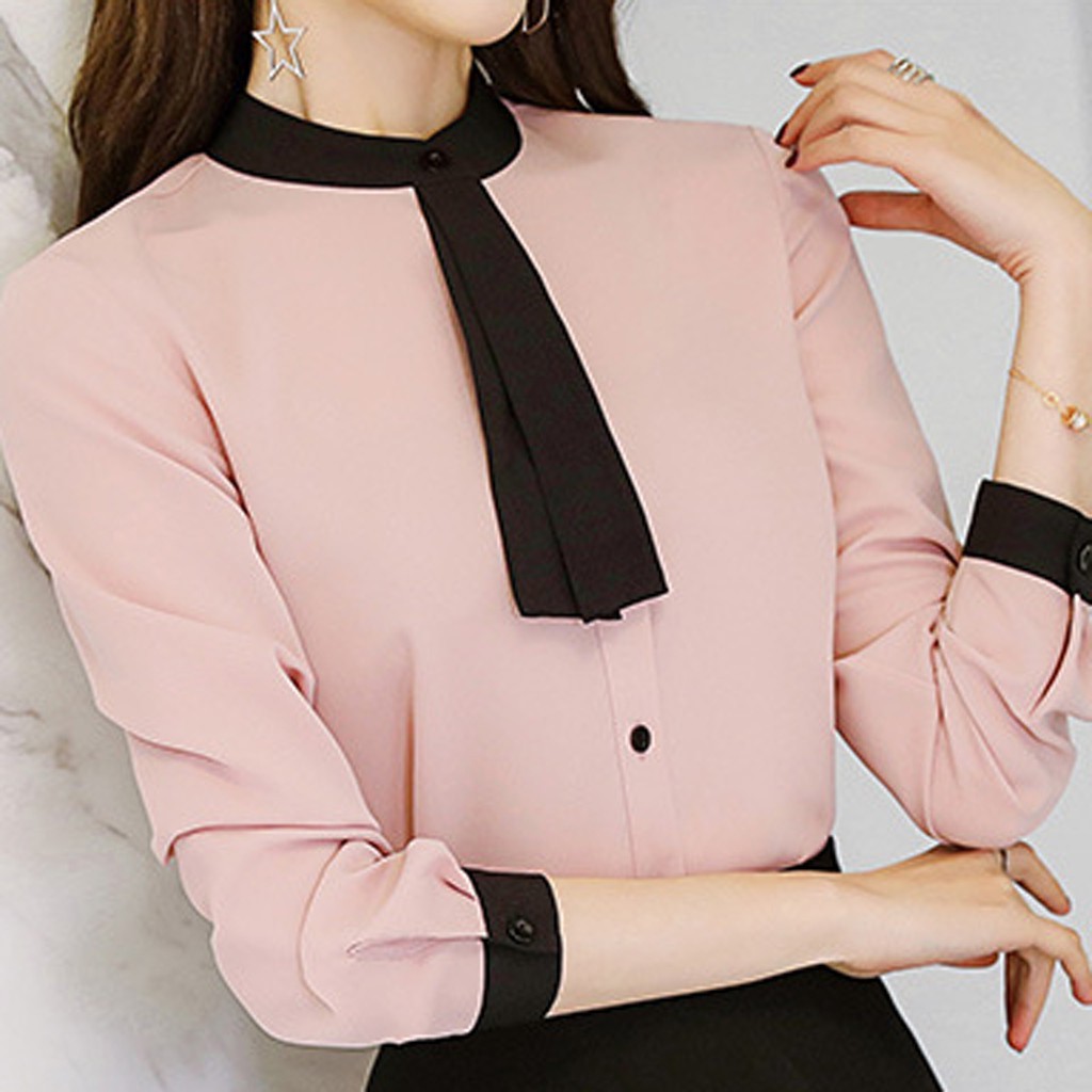 Women Work Office Slim Fit Long Sleeve Solid Chiffon Plus Shirt Top