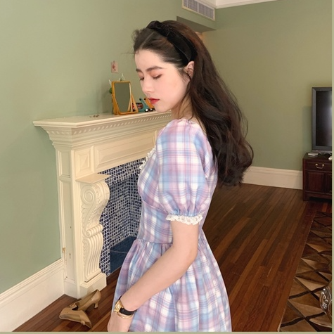 Purple Plaid Lace Temperament Dress French Retro High Waist Show Plaid Dress Mid-length Elegant Dress | BigBuy360 - bigbuy360.vn