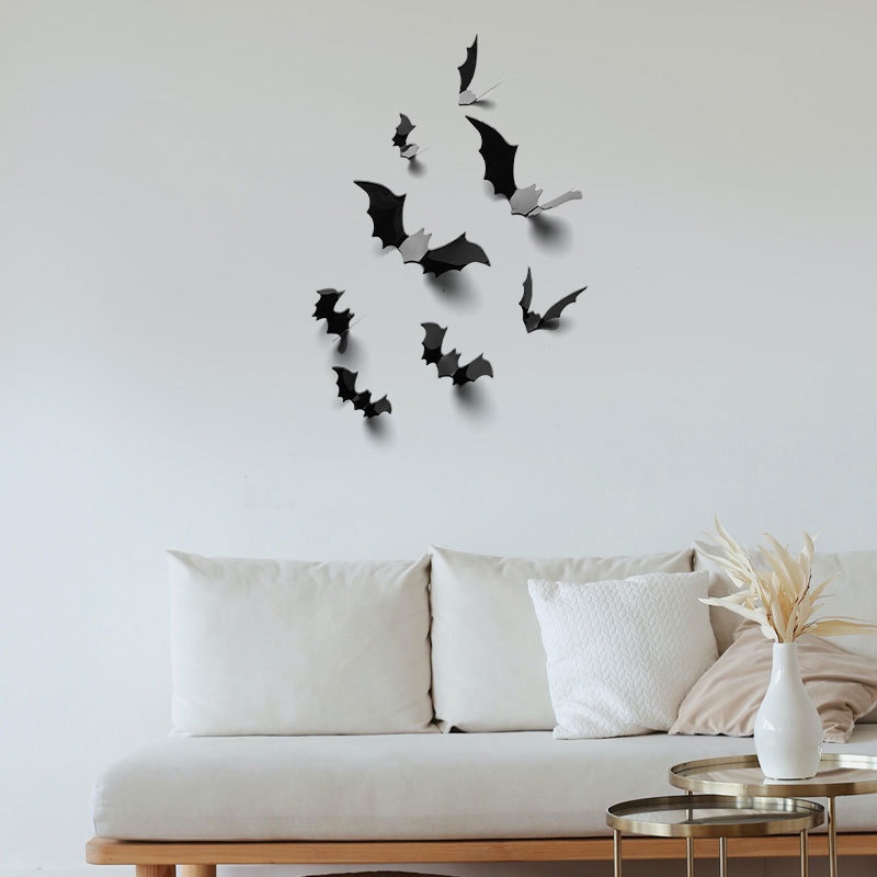 12 Sticker Dán Tường Hình Con Dơi Đen 3D