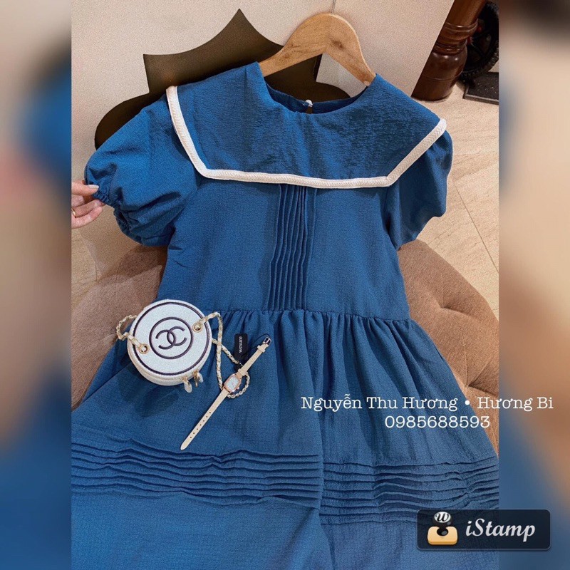 [Mã SKAMA06 giảm 8% tối đa 50K đơn 250K] Váy xanh xếp ly tay bồng cổ viền | BigBuy360 - bigbuy360.vn