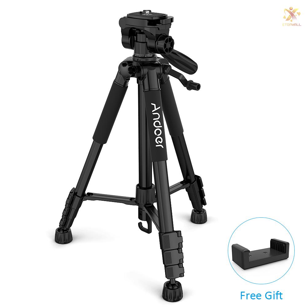 ET Andoer TTT-663N 57.5inch Travel Lightweight Camera Tripod for Photography Video Shooting Support DSLR SLR Camcorder with Carry Bag Phone Clamp Max.Load 3kg