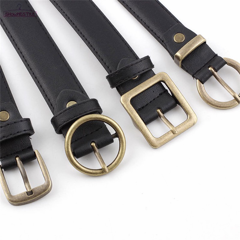 SH Vintage Women Circle Square Pin Buckles Waist Belt Female Gold Buckle Jeans Wild Belts