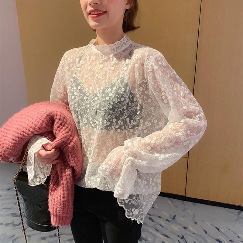 Áo kiểu tay dài phối ren thiết kế tinh tế thời trang cho nữ | BigBuy360 - bigbuy360.vn