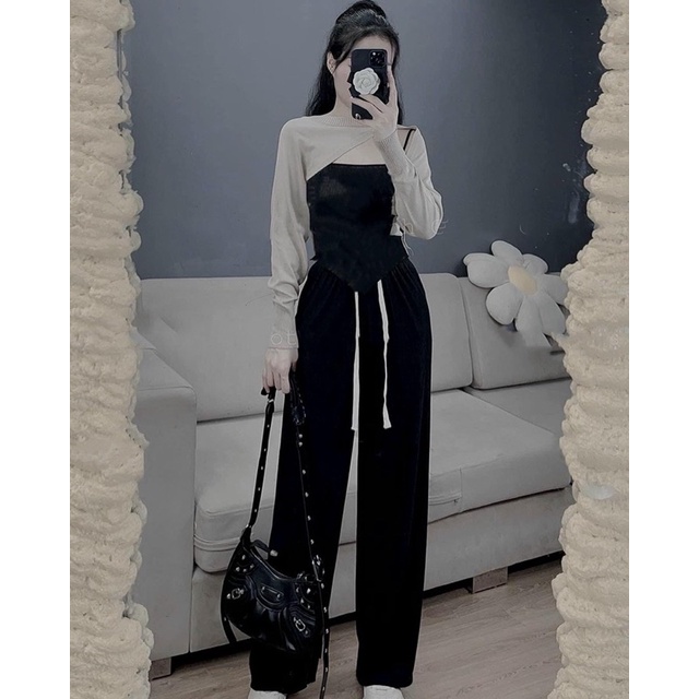 SET ÁO 2 DÂY PHỐI ÁO CROPTOP KHOÉT + QUẦN SUÔNG