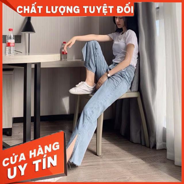 Quần jeans ống rộng cắt gối- hình thật mẫu mặc | BigBuy360 - bigbuy360.vn