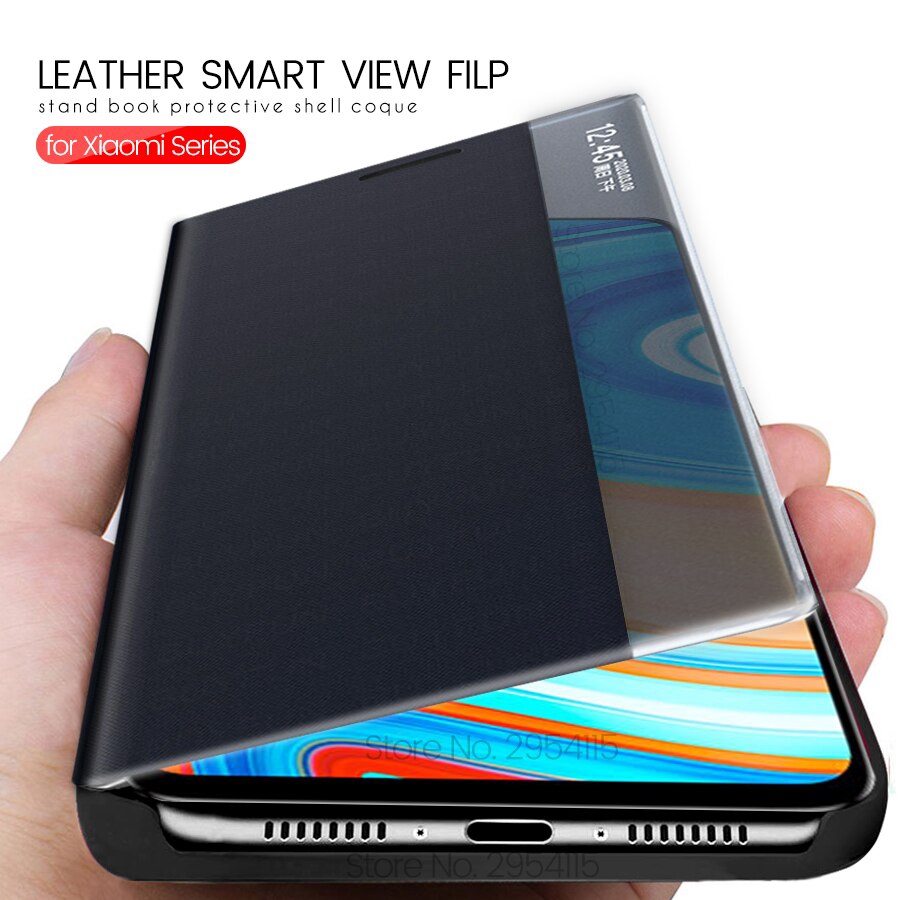 Smart view leather flip cases for xiaomi redmi mi 10 note 9s 9 8 pro 8t stand case cover