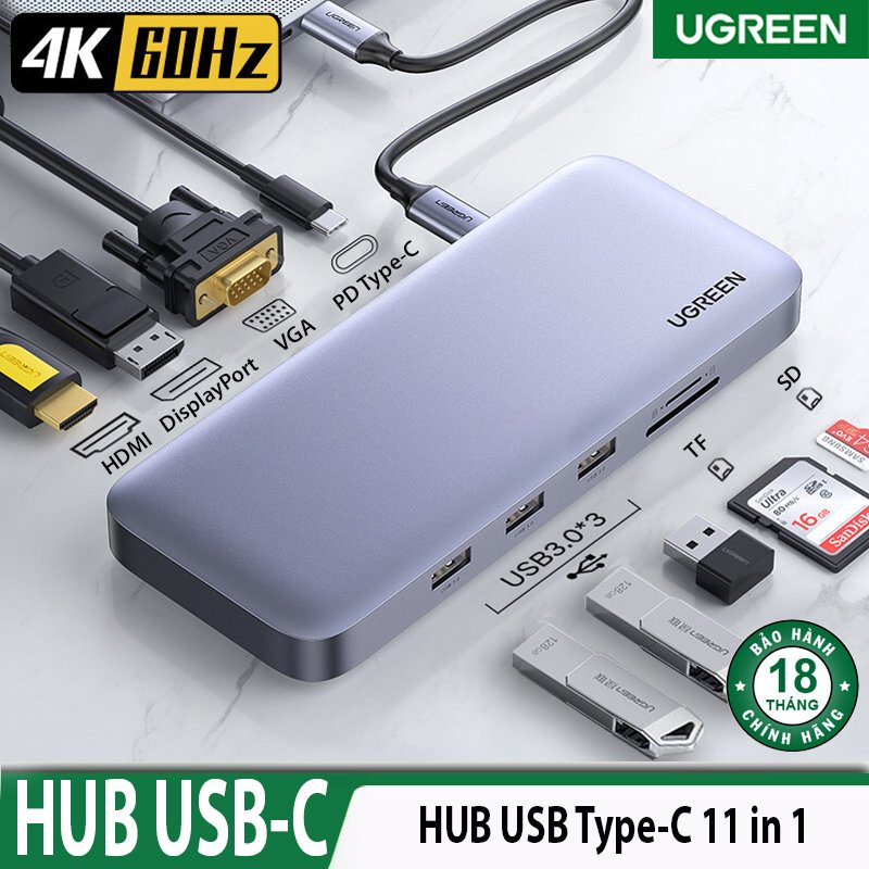 HUB USB C 11 in 1 Ugreen 70305 HDMI/Displayport 4K@60Hz+VGA (Hỗ trợ xuất hình đồng loạt HDMI/ DP/ VGA)
