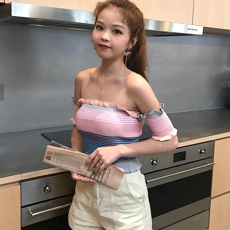 Áo croptop cổ ngang dệt kim họa tiết sọc ngọt ngào dành cho nữ