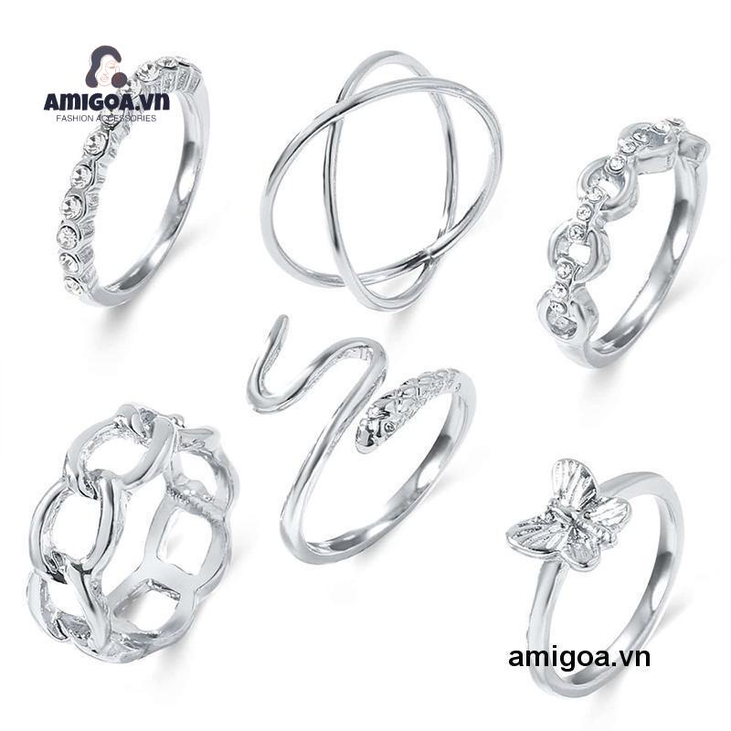 Set 6 Nhẫn Đeo Tay Thiết Kế Đơn Giản Phong Cách Retro Cho Nữ