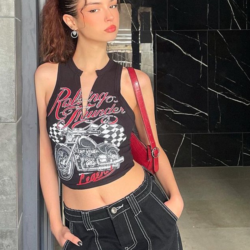 Áo Tank Top Cổ Chữ V In Họa Tiết Moto Phong Cách Đường Phố Cá Tính Cho Nữ