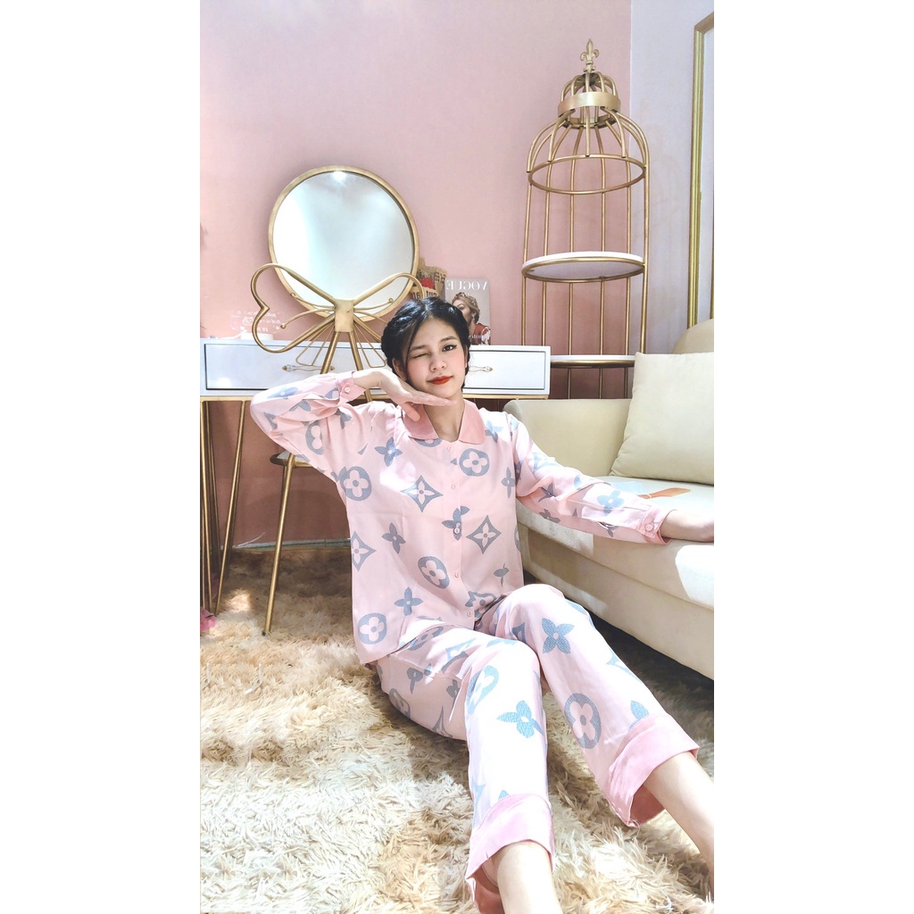 Set bộ pijama cổ bẻ tay bồng cúc cài tiểu thư họa tiết sang chảnh siêu HOT