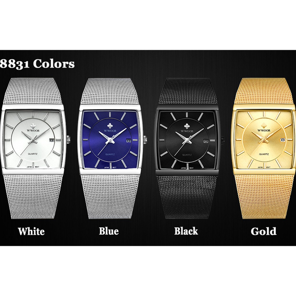 Đồng hồ quartz WWOOR 88831 chống nước bằng thép không gỉ mạ vàng