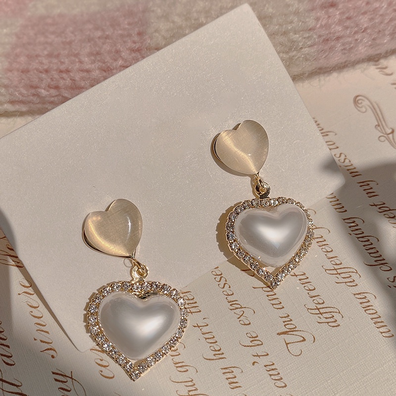 Bông Tai S925 Đính Ngọc Trai Và Đá Opal Hình Trái Tim Ngọt Ngào Cho Nữ