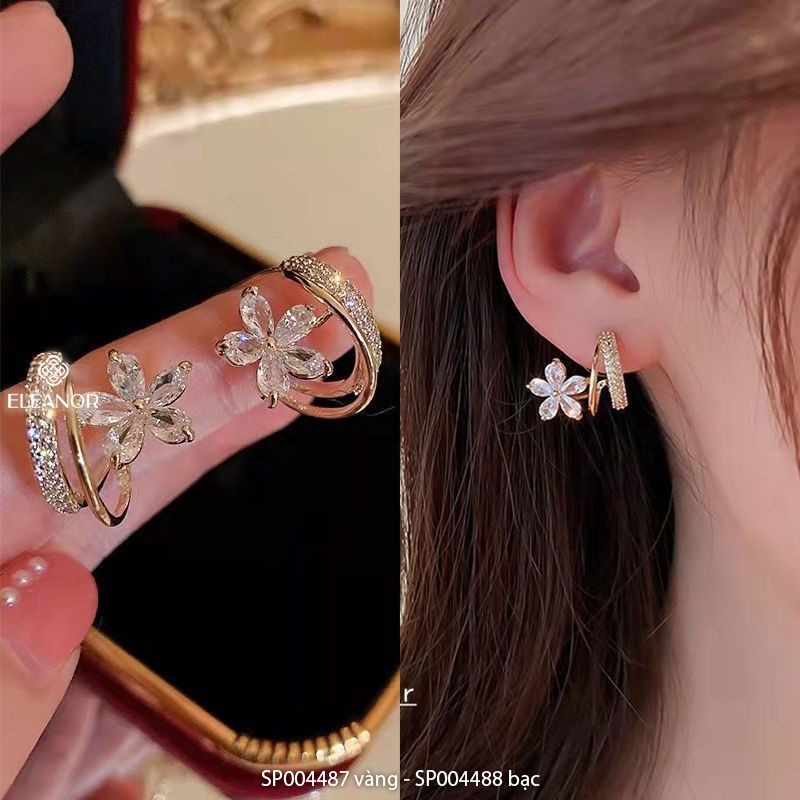Bông tai nữ chuôi bạc 925 viền cong Eleanor Accessories hình hoa năm cánh đính đá lấp lánh phong cách Hàn Quốc