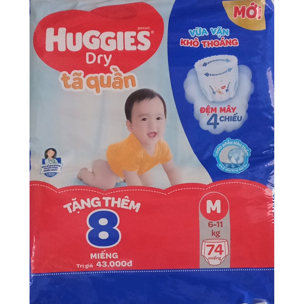 Tã Quần Huggies Dry Gói Cực Đại M74 ( 74 Miếng) Khuyến Mại Tặng 8 Miếng