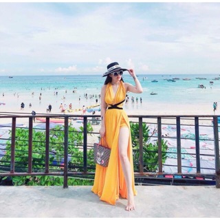 Đầm maxi đi biển mặc được nhiều kiểu 2 màu vàng/hồng <3 - kèm hình thật 100%