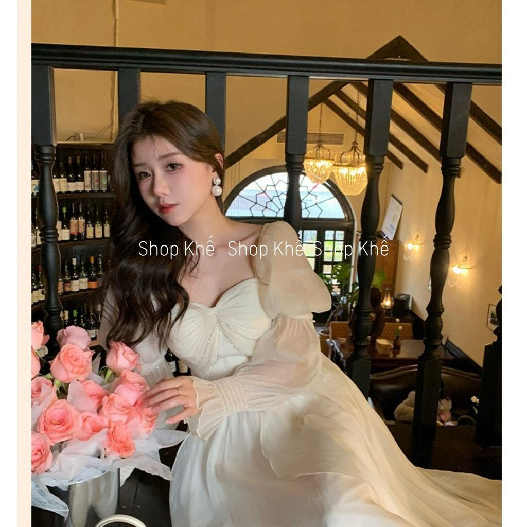 Đầm maxi voan trắng tay dài, đính đá quý phái, sang trọng, thích hợp đi tiệc, đi chơi biển