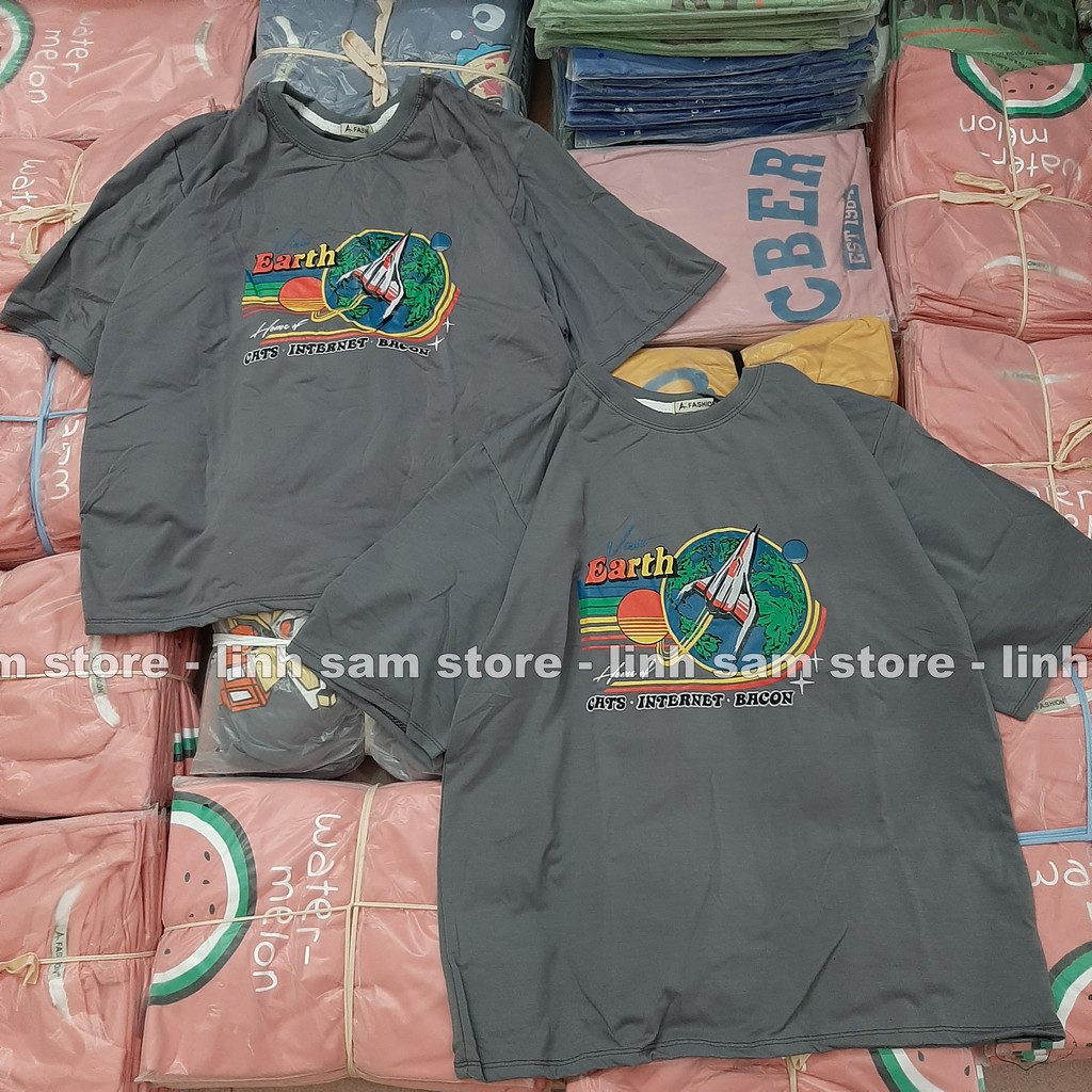 Áo thun tay lỡ nữ freesize phông form rộng dáng Unisex, mặc cặp, nhóm, lớp in hình TÊN LỬA VISIT EARTH MÀU XÁM | BigBuy360 - bigbuy360.vn