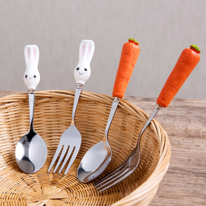1pc Bộ muỗng nĩa hình thỏ và cà rốt cho bé（White Rabbit Fork）