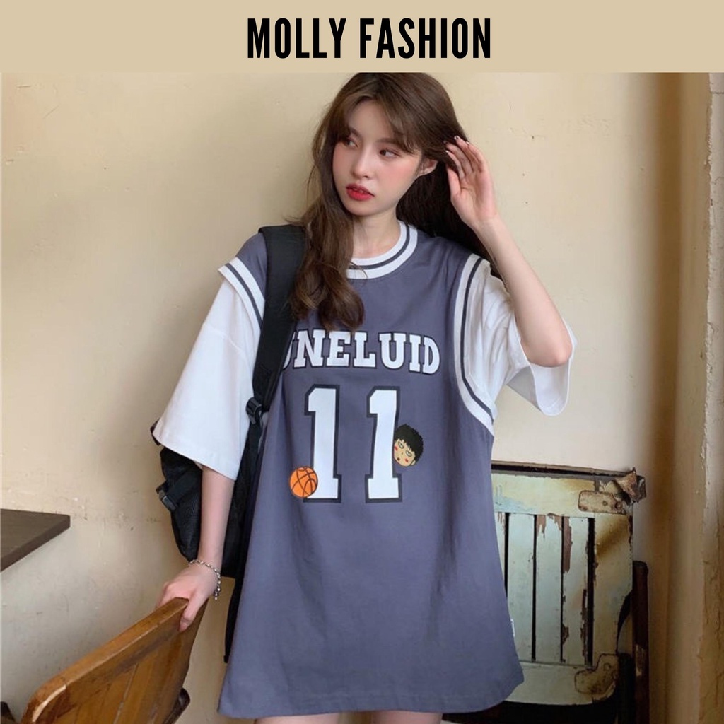 Áo thun tay lỡ Unisex form rộng Bóng rổ phối tay UNELUID 11 form rộng Freesize Molly Fashion