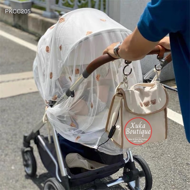 Màn Che Xe Đẩy Style Hàn Quốc Chống Muỗi và Côn Trùng Cao Cấp Cho Em Bé, Thêu Tay Gấu Thỏ Mềm