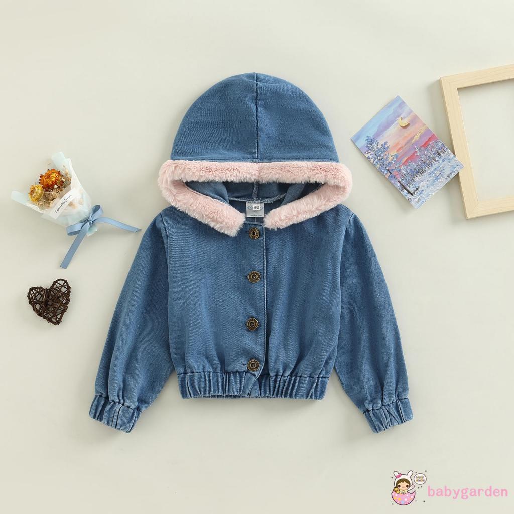 Áo Khoác Jean Có Nón Tay Dài Cài Nút Màu Trơn Thời Trang Thu Đông Dành Cho Bé Gái 1-6 Tuổi