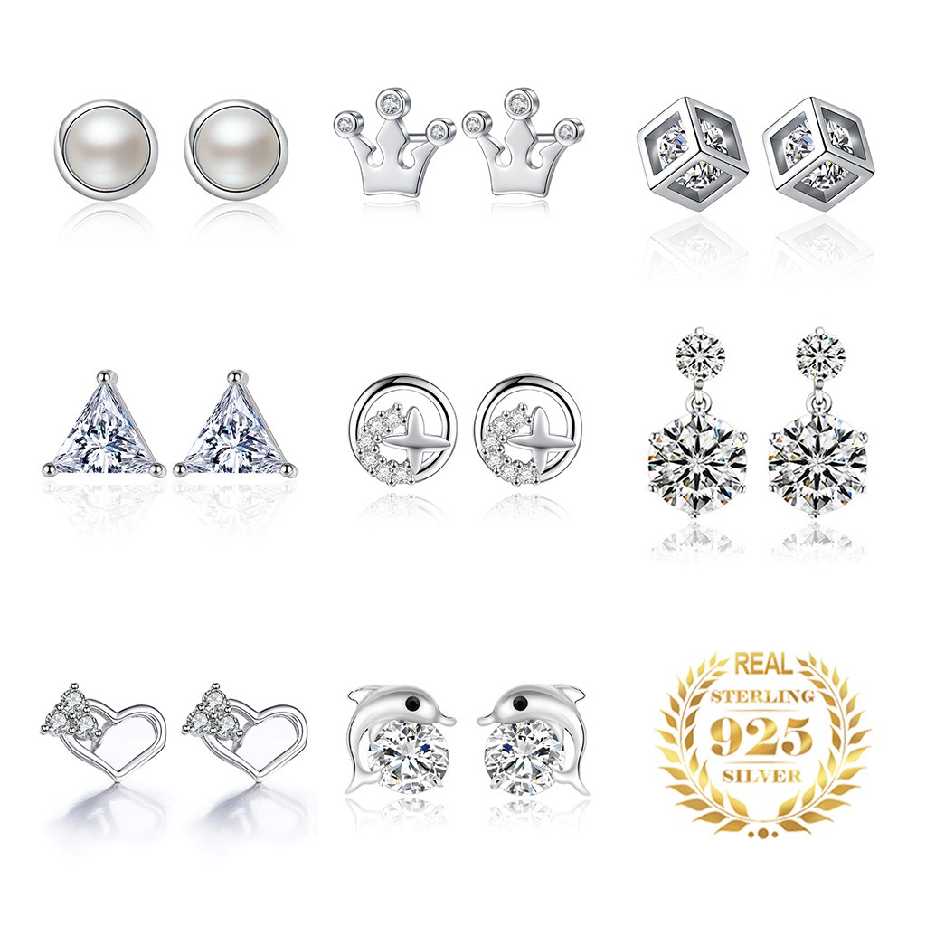 Khuyên Tai Bạc 925 Hình Cá Heo / Vương Miện / Bông Hoa / Vương Miện Dễ Thương Cho Nữ