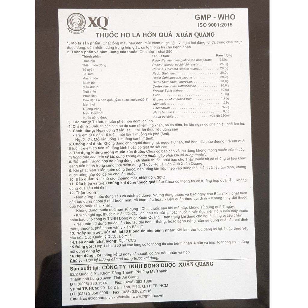 Siro Ho La Hán Quả Xuân Quang, chai 250ml, hỗ trợ người bị ho gió, ho khan, ho lâu ngày, tiêu đờm, viêm phổi mãn tính..