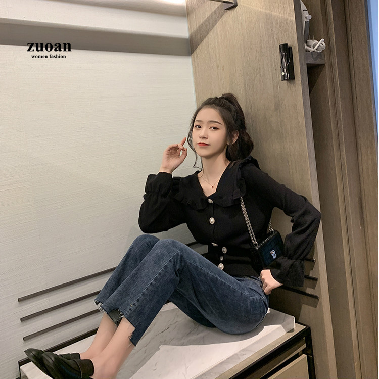 SUXI Áo dệt kim mỏng dài tay cổ búp bê thời trang mùa thu cho nữ