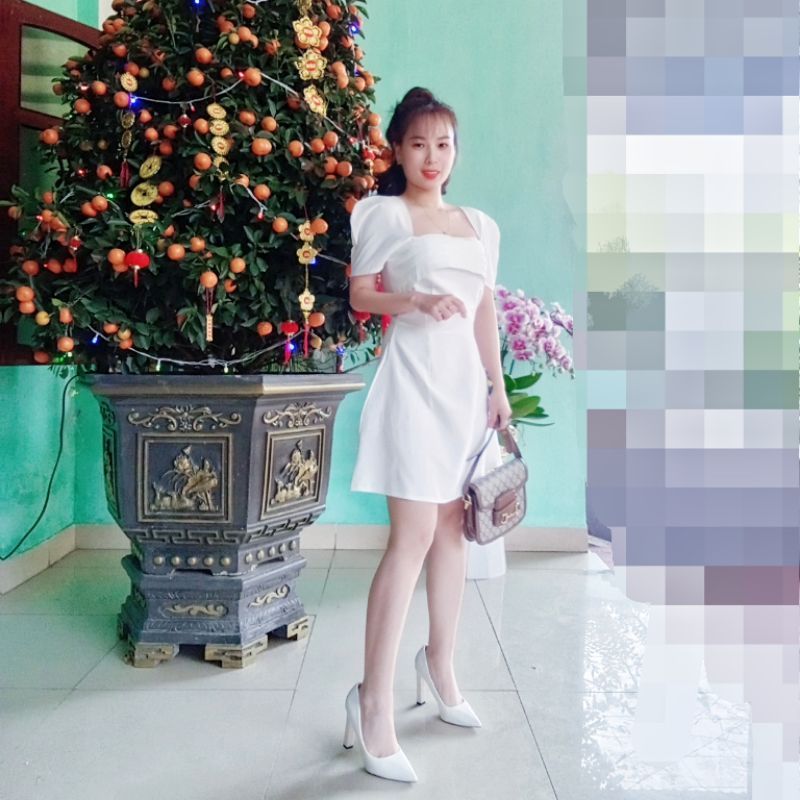 Váy cổ vuông, váy tiểu thư sang chảnh 3 màu trắng, đen, hồng