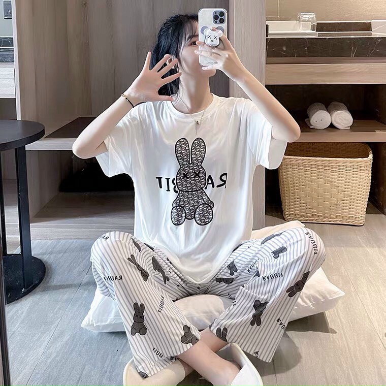 Đồ Bộ Nữ Mặc Nhà Thun Lạnh Tay Ngắn In Bé Thỏ - Đồ Bộ Dễ Thương Nhiều Mẫu Nhiều Hình MH055