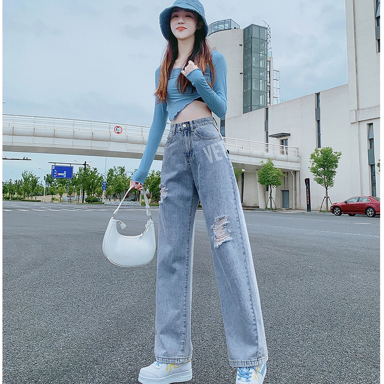 NRVP Quần jean ống rộng lưng cao thời trang mùa thu 2021 dành cho nữ