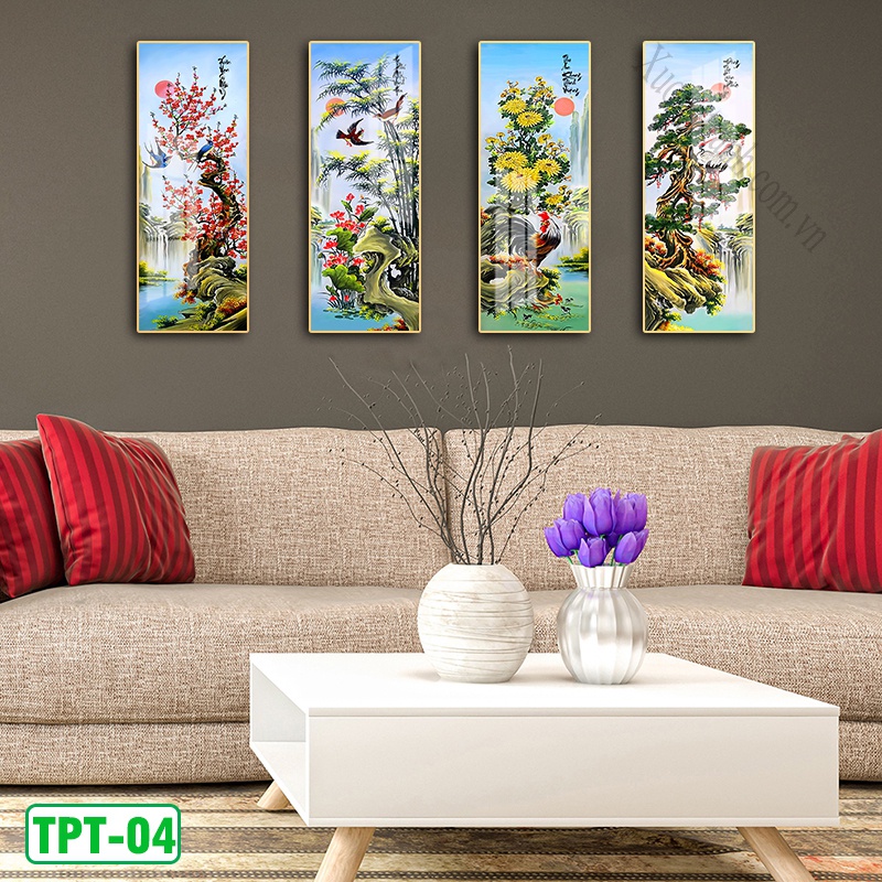 Tranh treo tường bộ tứ quý tùng cúc trúc đào - Tráng gương mica cao cấp