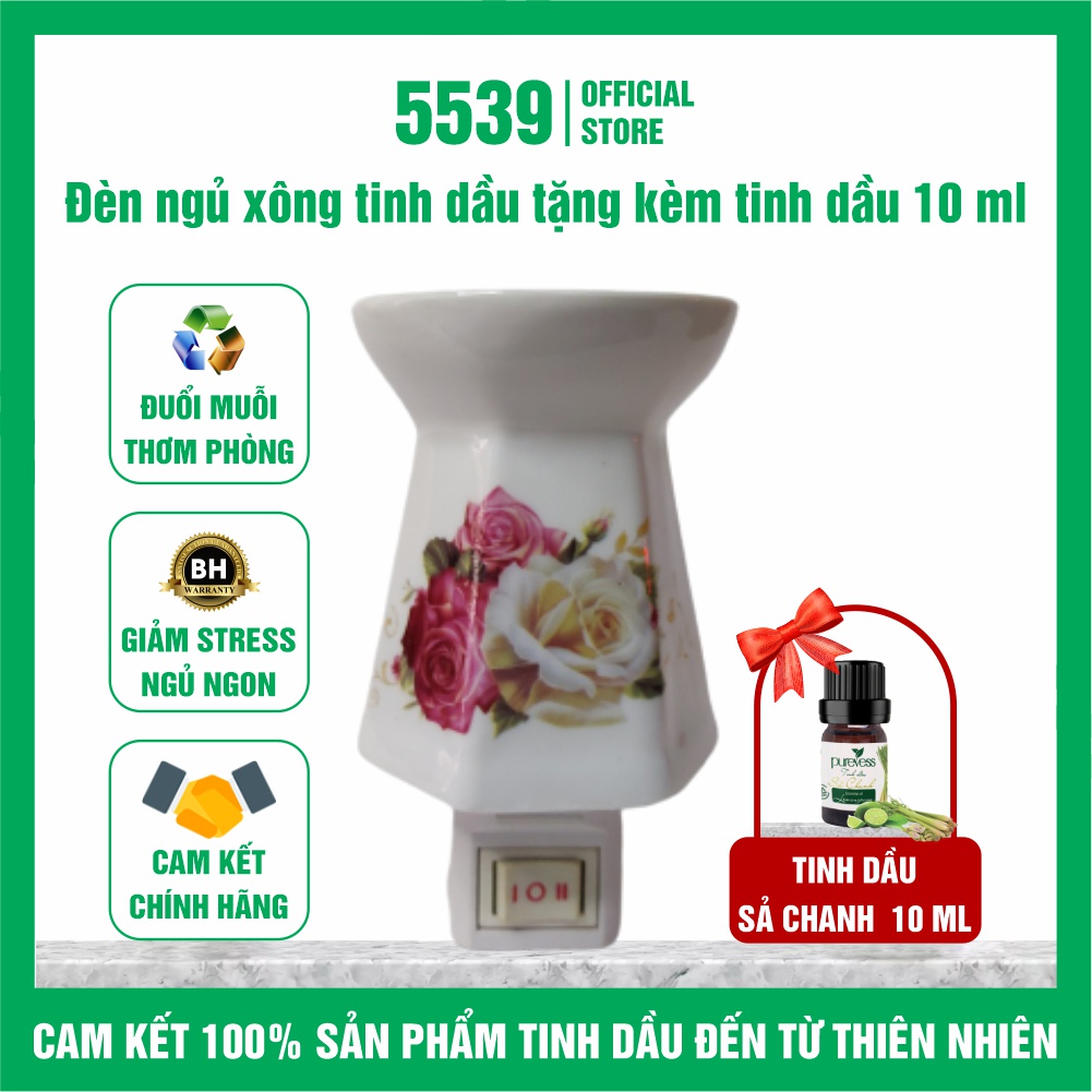 Combo đèn ngủ xông tinh dầu cắm tường bằng điện chất liệu gốm sứ cao cấp tặng kèm tinh dầu sả chanh 10 ml - Shop 5539