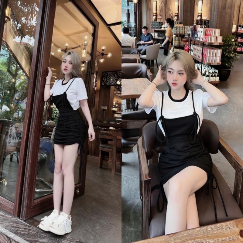 Set Đồ Nữ Ms.1453 Áo Phông Dáng Suông Phối Váy Yếm, Bên Trong Có Lót Quần Chất Thun Zip