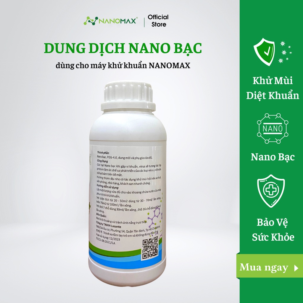 Dung Dịch Nano Bạc Khử Khuẩn An Toàn Sức Khỏe, Chai 1 Lít Dùng Cho Máy Khử Khuẩn Nanomax